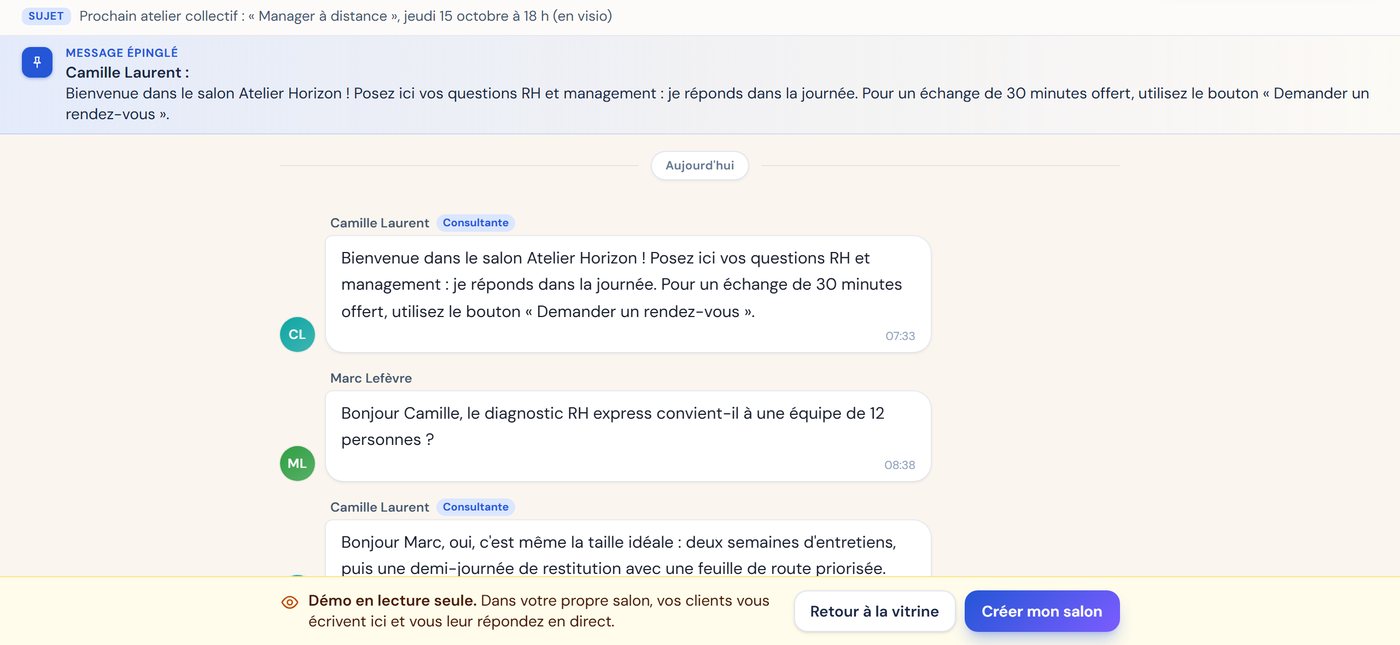 Intérieur d'un salon : sujet du salon, message épinglé et discussion
