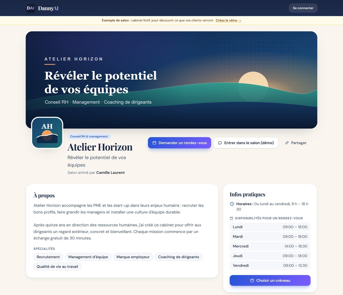Haut de la page vitrine d'un salon : bannière, logo, présentation, spécialités et disponibilités