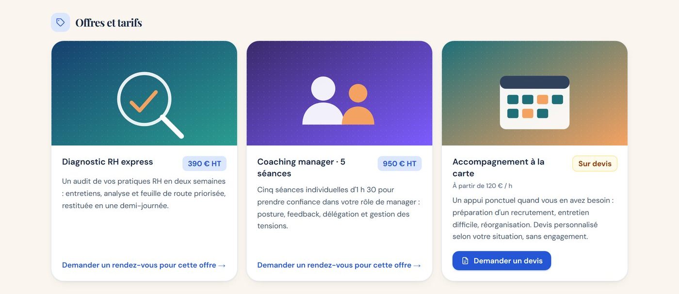 Offres d'un salon avec prix, offre sur devis et bouton de demande de rendez-vous